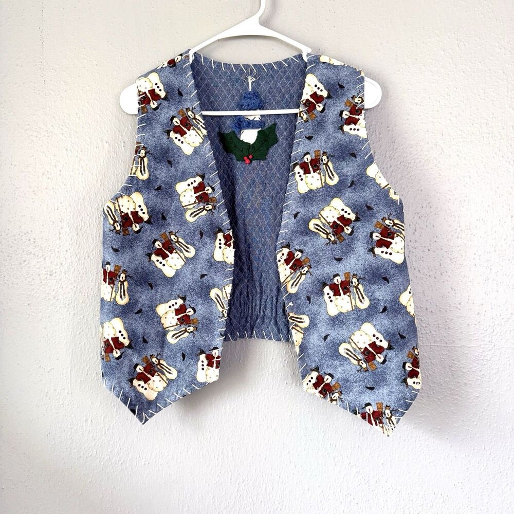 Reversible Christmas vest handmade with snowmen Medium Blue Size M